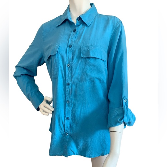 NEXX New York Long Sleeve Button Front Teal Silk tailored Blouse, size M EUC - Picture 2 of 11